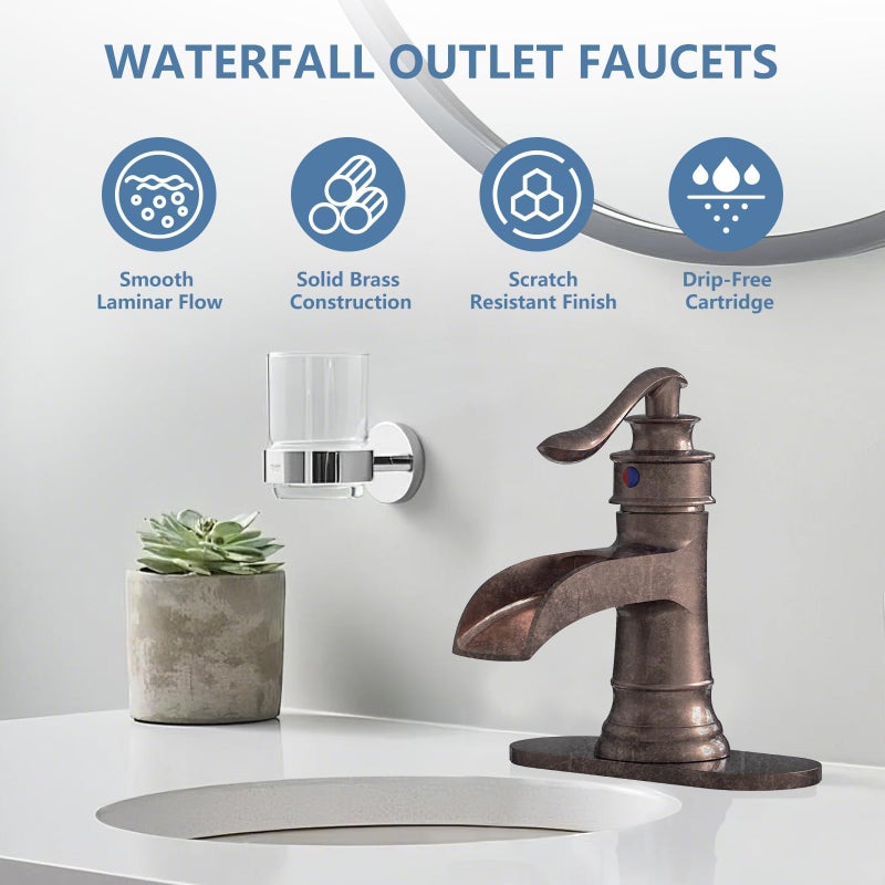 Homevacious Bathroom Faucet Copper Waterfall Bathroom Sink Faucets with Single Handle Rustic Vanity Farmhouse RV Faucet Suitable for 1 or 3 Holes with Pop-up Drain Deck Plate Hose - Image 2
